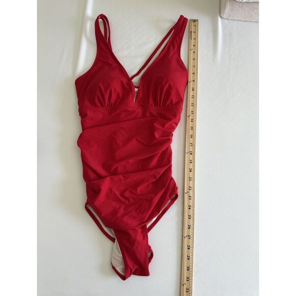 Women’s Red One Piece Swimsuit XL Ruched Tummy Control V Neck Cross Back - Picture 5 of 5